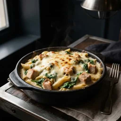 Krämig kycklingpasta med spenat i ugnsgratäng - enkelt recept från MatVeckan