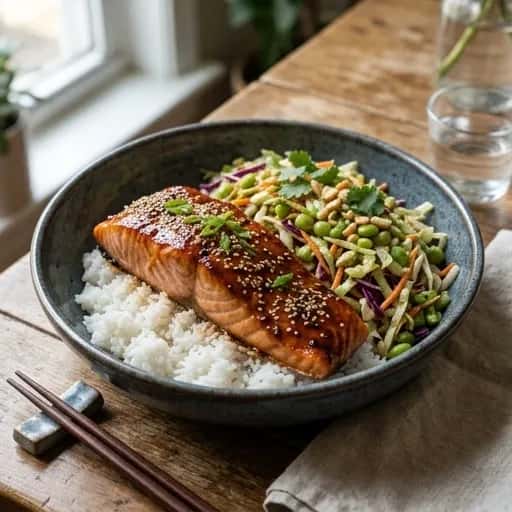 Ugnsbakad lax med teriyakiglasyr och krispig asiatisk kålsallad - enkelt recept från MatVeckan
