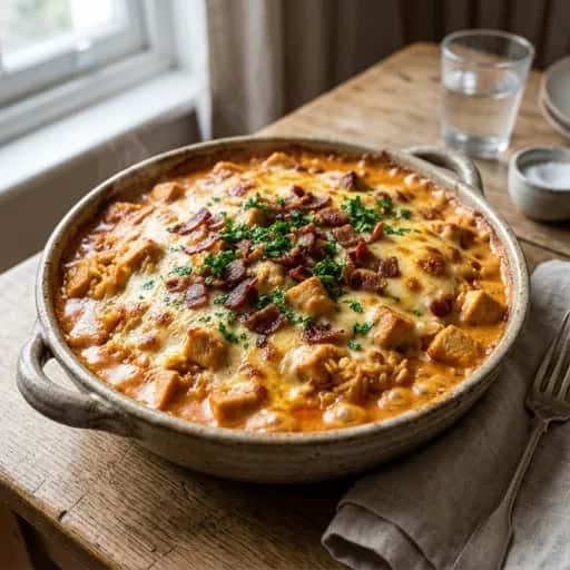 Kryddig kyckling- och risgratäng med bacon och smakrik paprikasås - enkelt recept från MatVeckan
