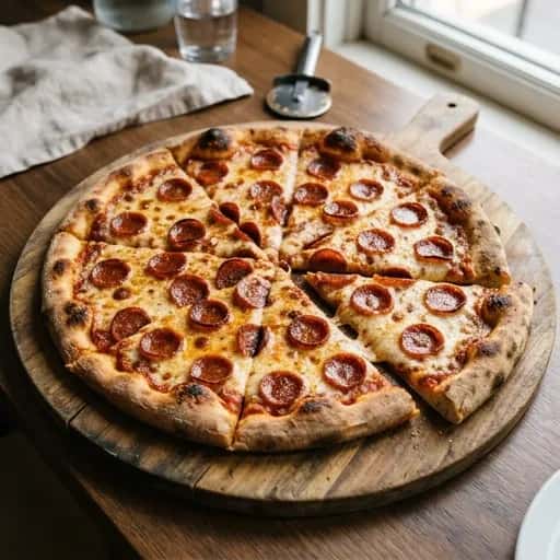 New York-style pizza med krämig mozzarella och tunt skivad pepperoni - enkelt recept från MatVeckan
