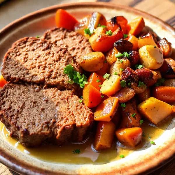 Mustig köttfärslimpa med rostad rotfruktsmix - enkelt recept från MatVeckan