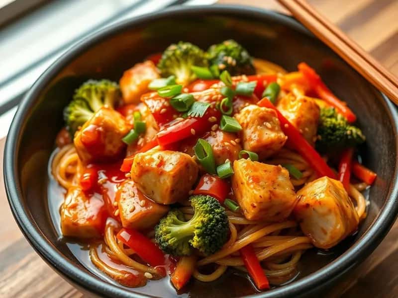 Snabbnudlar med kyckling och srirachasås - enkelt recept från MatVeckan