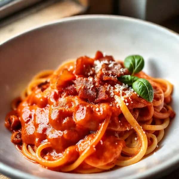 Fettuccine med krämig paprikasås och knaprigt bacon - enkelt recept från MatVeckan