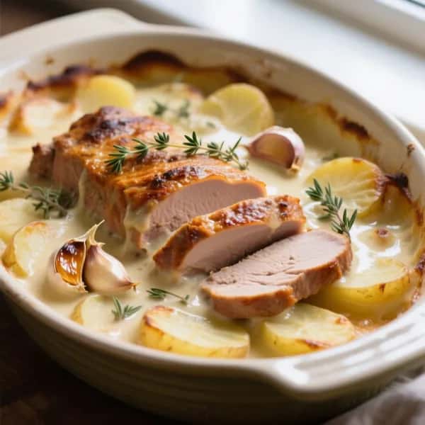 Fläskfilégratäng med timjan och rostad vitlök - enkelt recept från MatVeckan