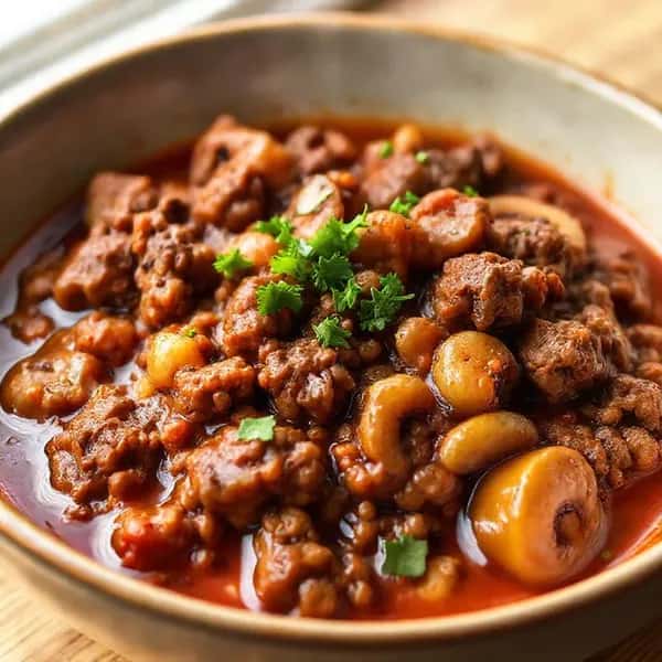 Mustig köttfärsgryta med inlagda champinjoner - enkelt recept från MatVeckan
