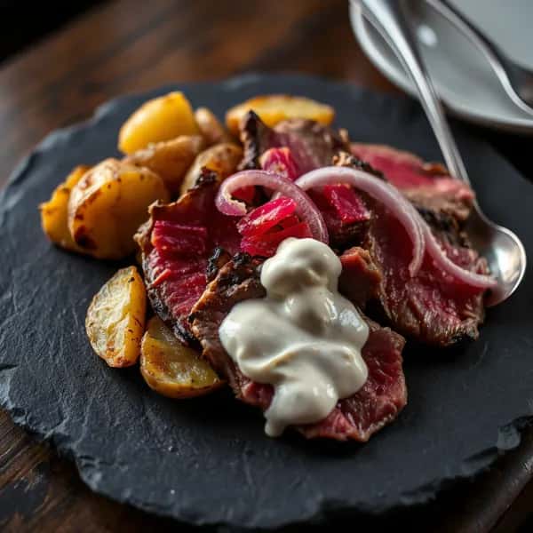 Festlig halstrad råbiff med tryffelmajonnäs och syrad lök - enkelt recept från MatVeckan