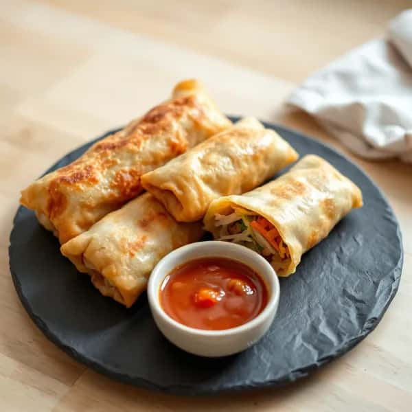 Krispiga thailändska vårrullar med het chilisås - enkelt recept från MatVeckan