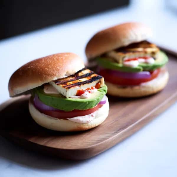 Grillad halloumiburgare med avokado och srirachamajonnäs - enkelt recept från MatVeckan