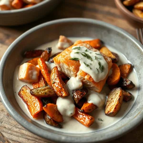 Krämig laxpanna med säsongens rostade rotfrukter - enkelt recept från MatVeckan