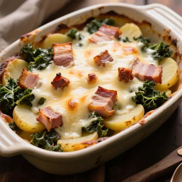 Rustik grönkålsgratäng med rökt sidfläsk - enkelt recept från MatVeckan
