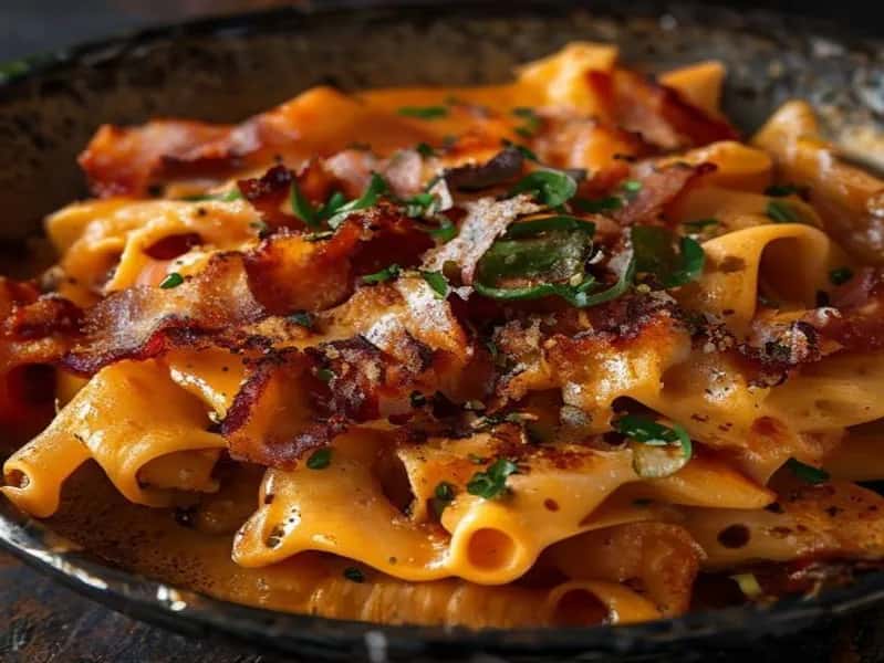 Ugnsgratinerad het chili cheese pasta med bacon - enkelt recept från MatVeckan