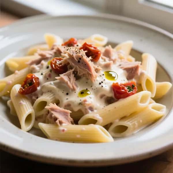 Pasta med krämig tonfisk och soltorkad tomatpesto - enkelt recept från MatVeckan