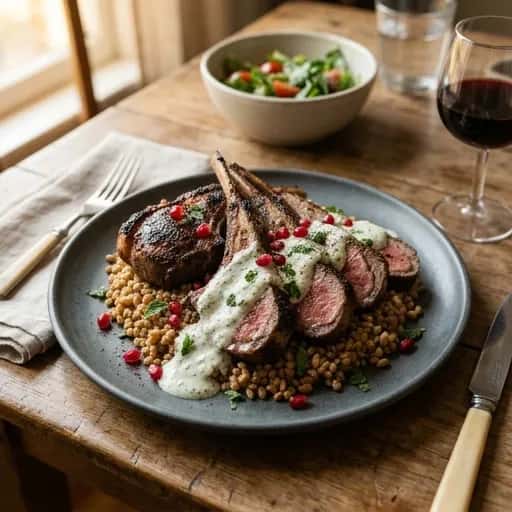 Långgrillad lammracks med levantinsk kryddblandning och yoghurtdressing - enkelt recept från MatVeckan