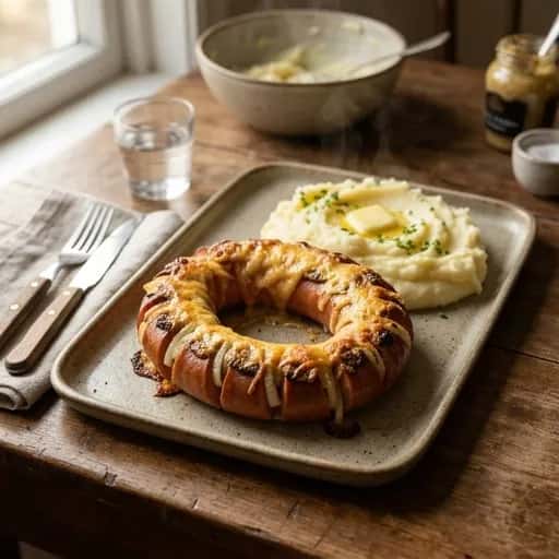 Ugnsgratinerad falukorv med senap och krämigt potatismos - enkelt recept från MatVeckan