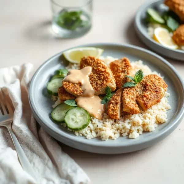 Jordnötspanerad kycklingfilé med krämig sataysås - enkelt recept från MatVeckan