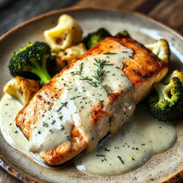LCHF-lax med krämig dill- och citronssås och rostad broccoli och blomkål - enkelt recept från MatVeckan