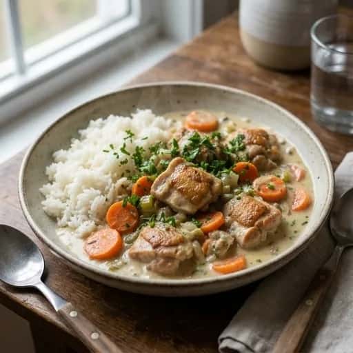 Krämig kycklinggryta med färska örter och ris - enkelt recept från MatVeckan