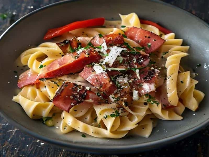Krämig kasslerpasta med rostad paprika - enkelt recept från MatVeckan