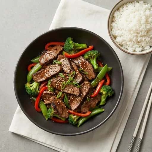 Wokad oxfilé med ostronsås och krispiga grönsaker - enkelt recept från MatVeckan