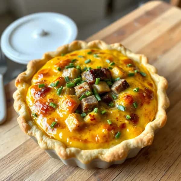 Matig fläskpaj med lagrad ost och gräslök i ugnsform - enkelt recept från MatVeckan