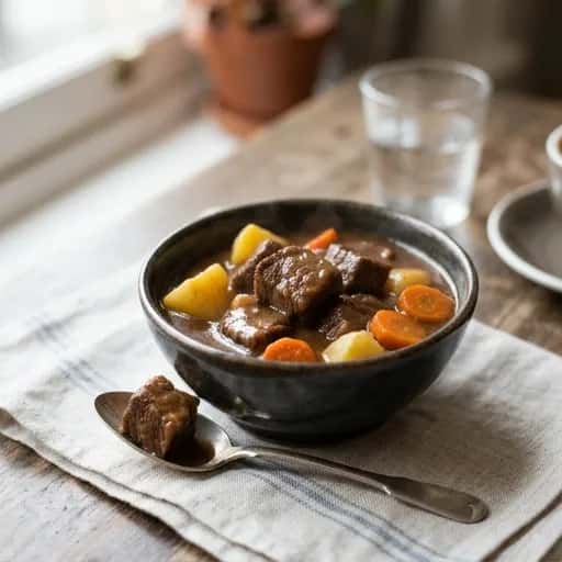 Mustig nötköttsgryta med potatis i klassisk husmansstil - enkelt recept från MatVeckan