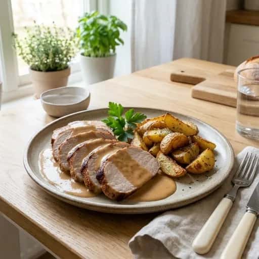 Svensk klassisk skinkstek med ugnsrostad potatis och gräddsås - enkelt recept från MatVeckan