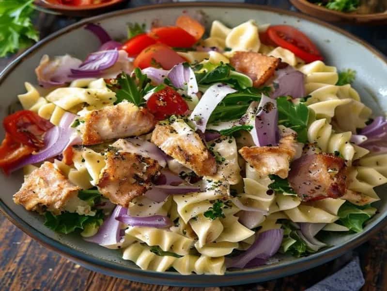Krämig caesarpastasallad med kyckling och kalkonbacon - enkelt recept från MatVeckan