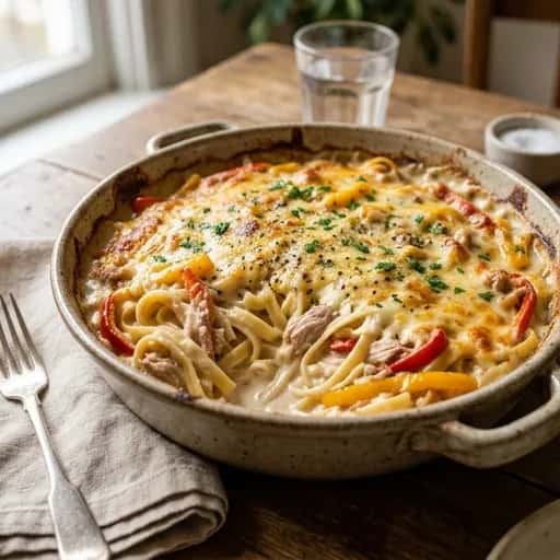Ugnsbakad pasta med tonfisk och paprikakräm - enkelt recept från MatVeckan