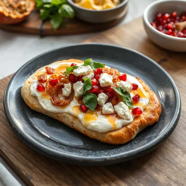 Krämig pinsa med karamelliserad lök och getost - enkelt recept från MatVeckan