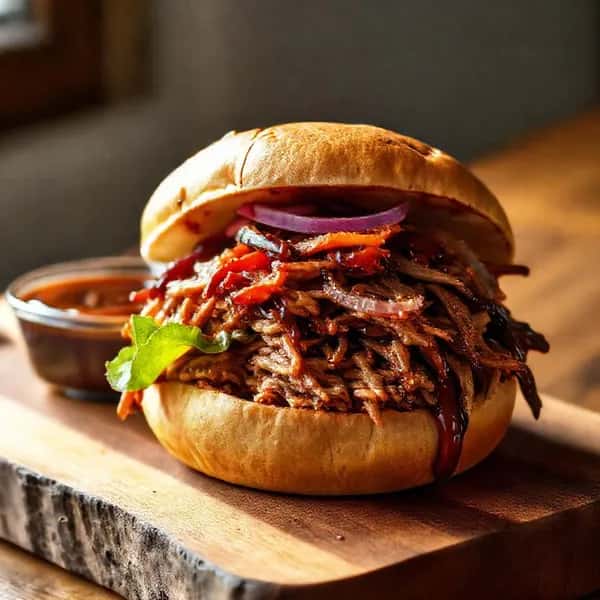 Pulled pork på julskinka med BBQ-sås och hamburgerbröd - enkelt recept från MatVeckan