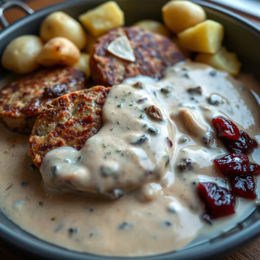 Biffar i krämig gräddsås med lingonsylt