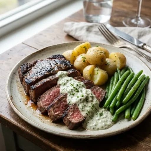Fransk grillad ryggbiff med dijonsenap, rosmarin och örtsås