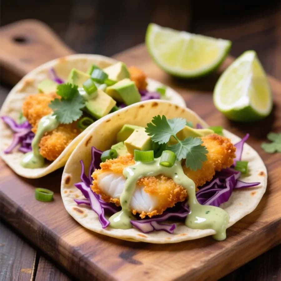 Krispiga fisktacos med limedressing och koriander