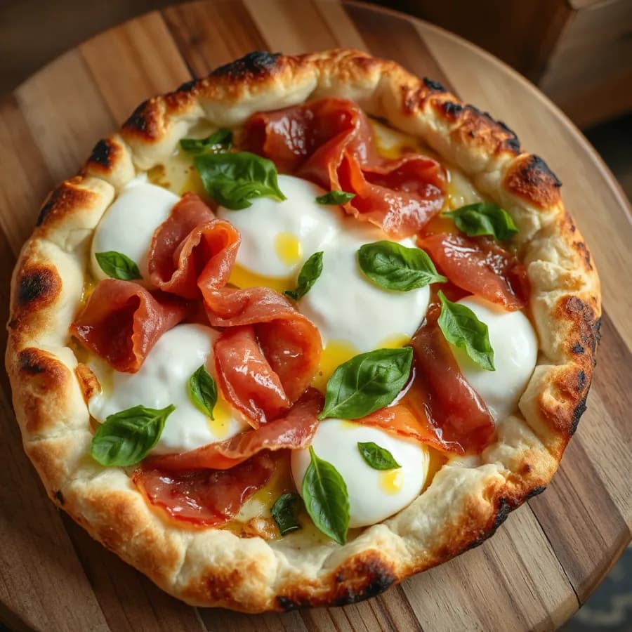 Pinsa med krämig buffelmozzarella, lufttorkad skinka och färsk basilika