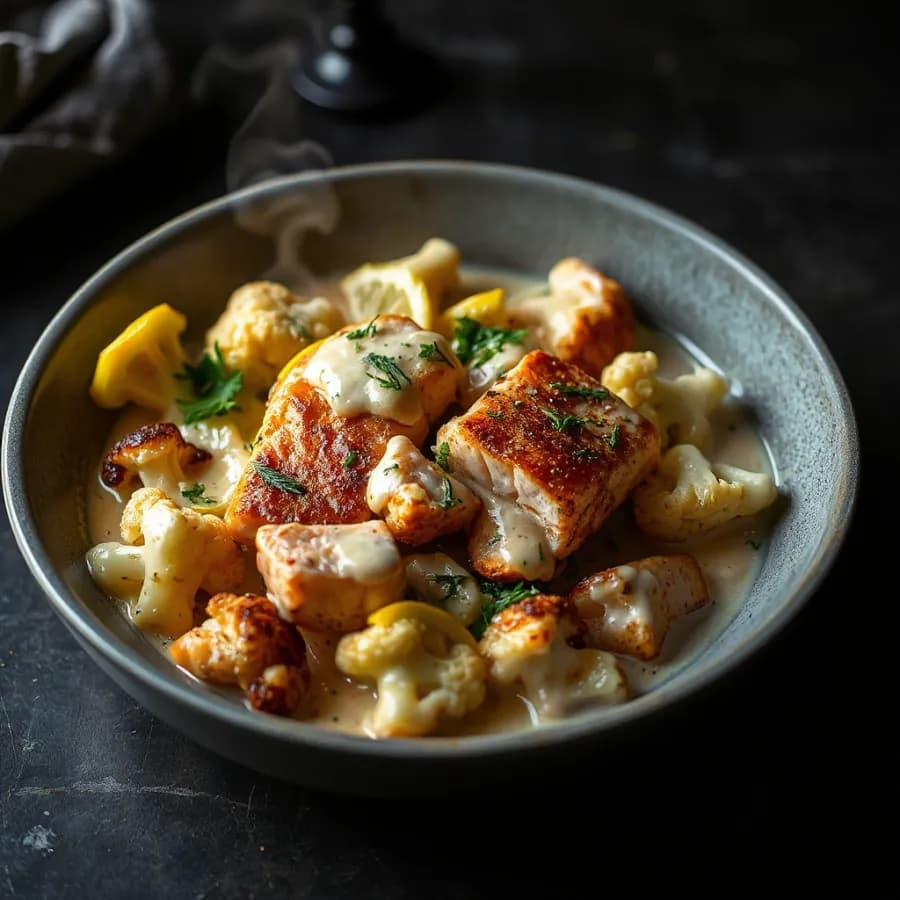 Krämig laxpanna med ugnsrostad blomkål och citron