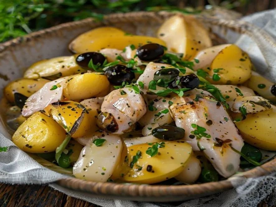 Fransk potatis- och kycklingsallad med dijonsenap