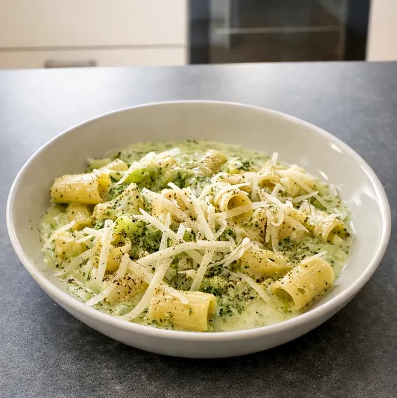 Krämig halloumi med penne, broccoli och citron-pesto