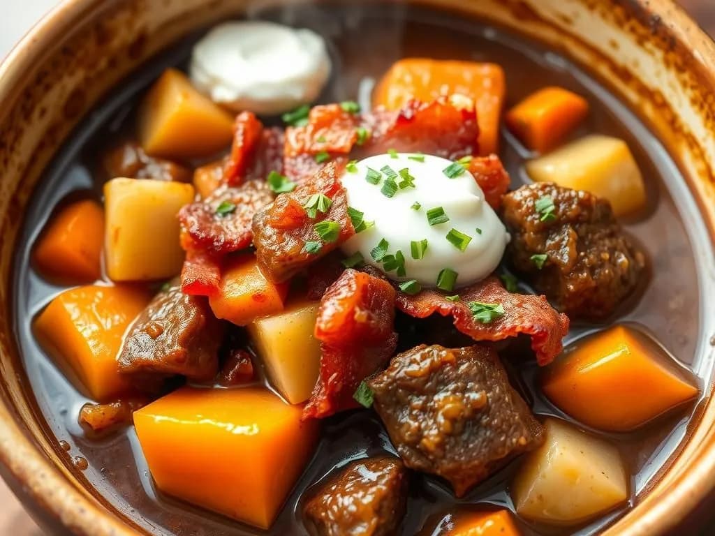 Nötköttsgryta med knaperstekt bacon och rotfrukter