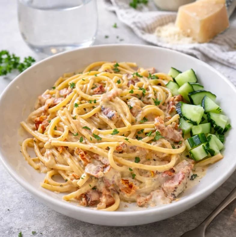 Spaghetti med krämig crème fraîche, brie, stekt bacon och soltorkade tomater