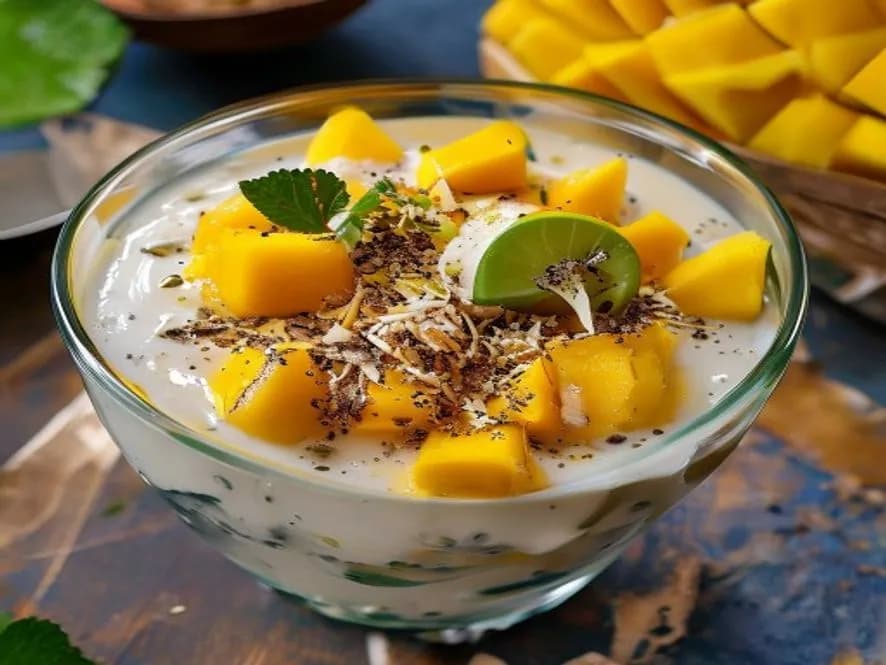Krämig chiapudding med grekisk yoghurt och exotisk mango