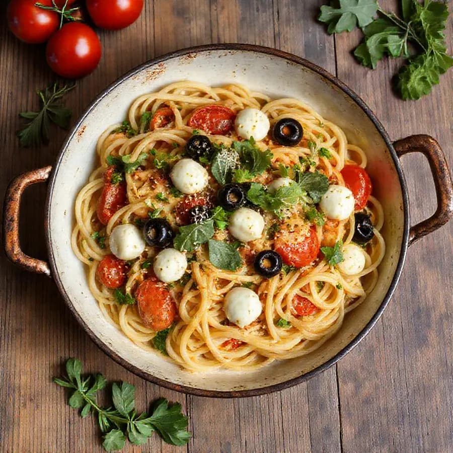 Krämig pastasallad med soltorkad tomat och mozzarella