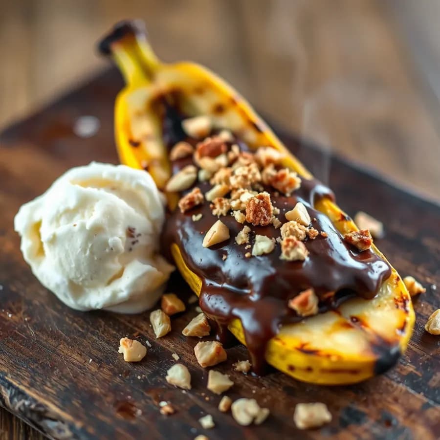 Grillad banan med mörk choklad och krispiga jordnötter