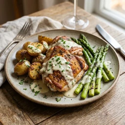 Grillad fransk kyckling med citron, örter och krämig vitlökssås