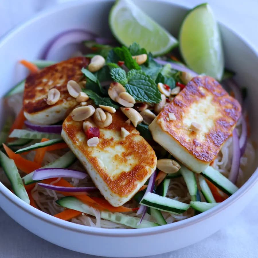 Vietnamesisk halloumi med nudlar och mynta