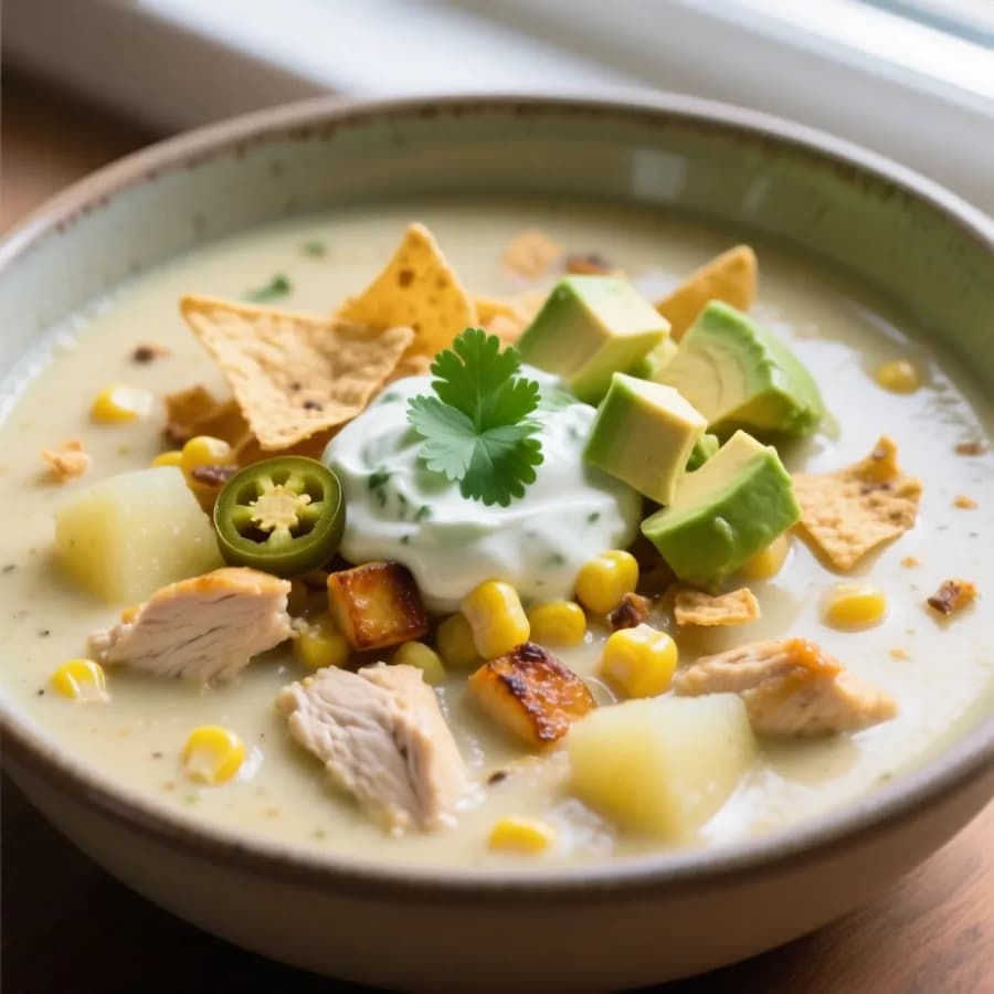 Mexikansk potatis- och majssoppa med jalapeño, korianderyoghurt och kyckling