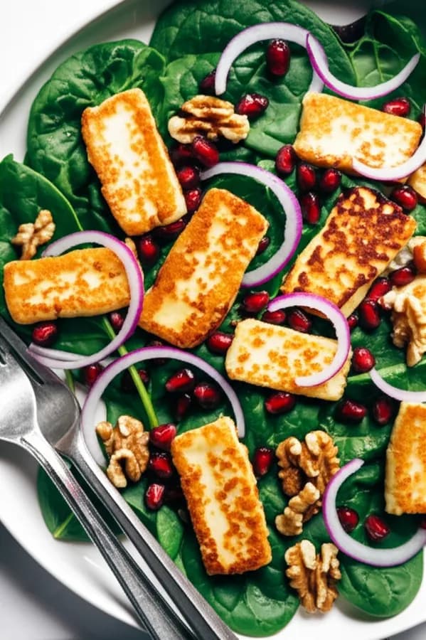 Spenatsallad med halloumi och granatäpple