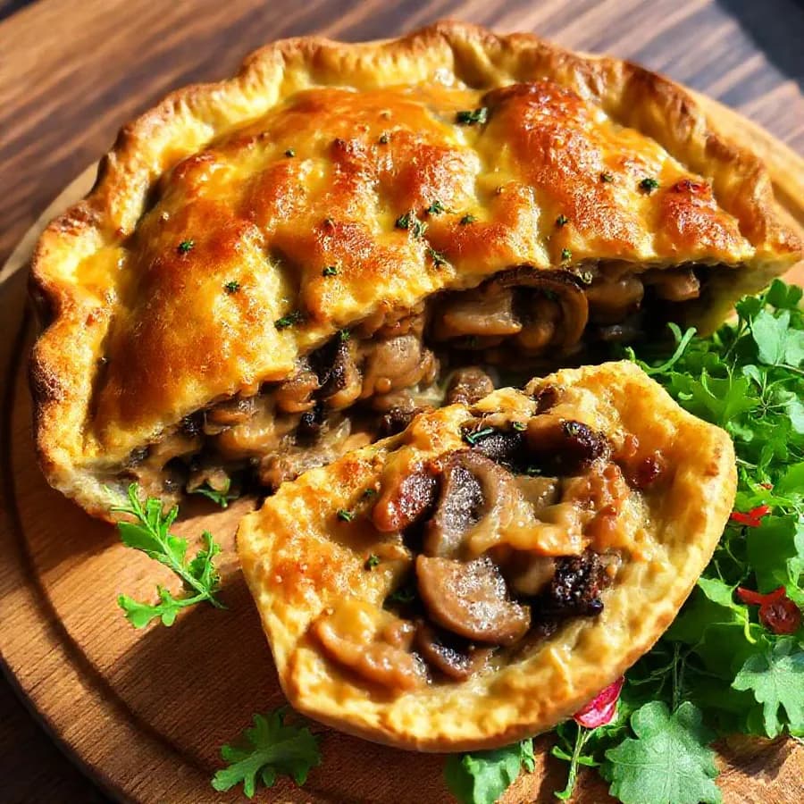 Glutenfri svamp och lökpaj med örtig smak