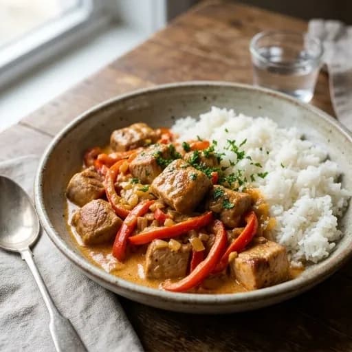 Snabblagad fläskgryta med paprika och ris