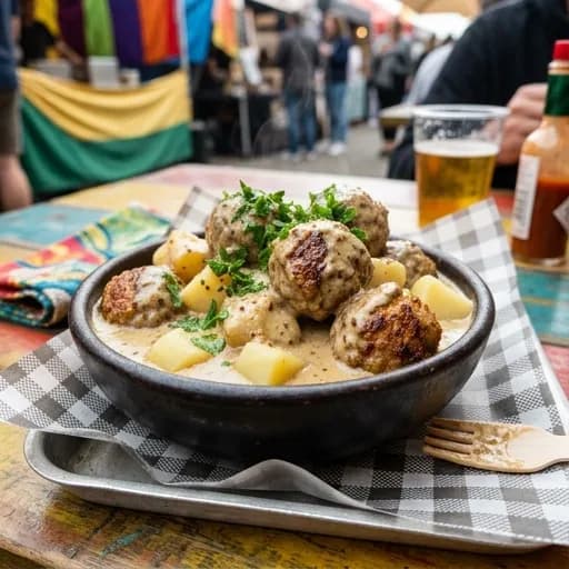 Mustig köttbullsgryta med gräddig senapssås