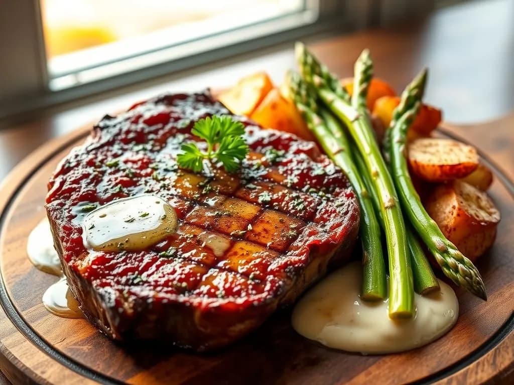 Helstekt entrecote med smörslungad sparris och krispig potatis